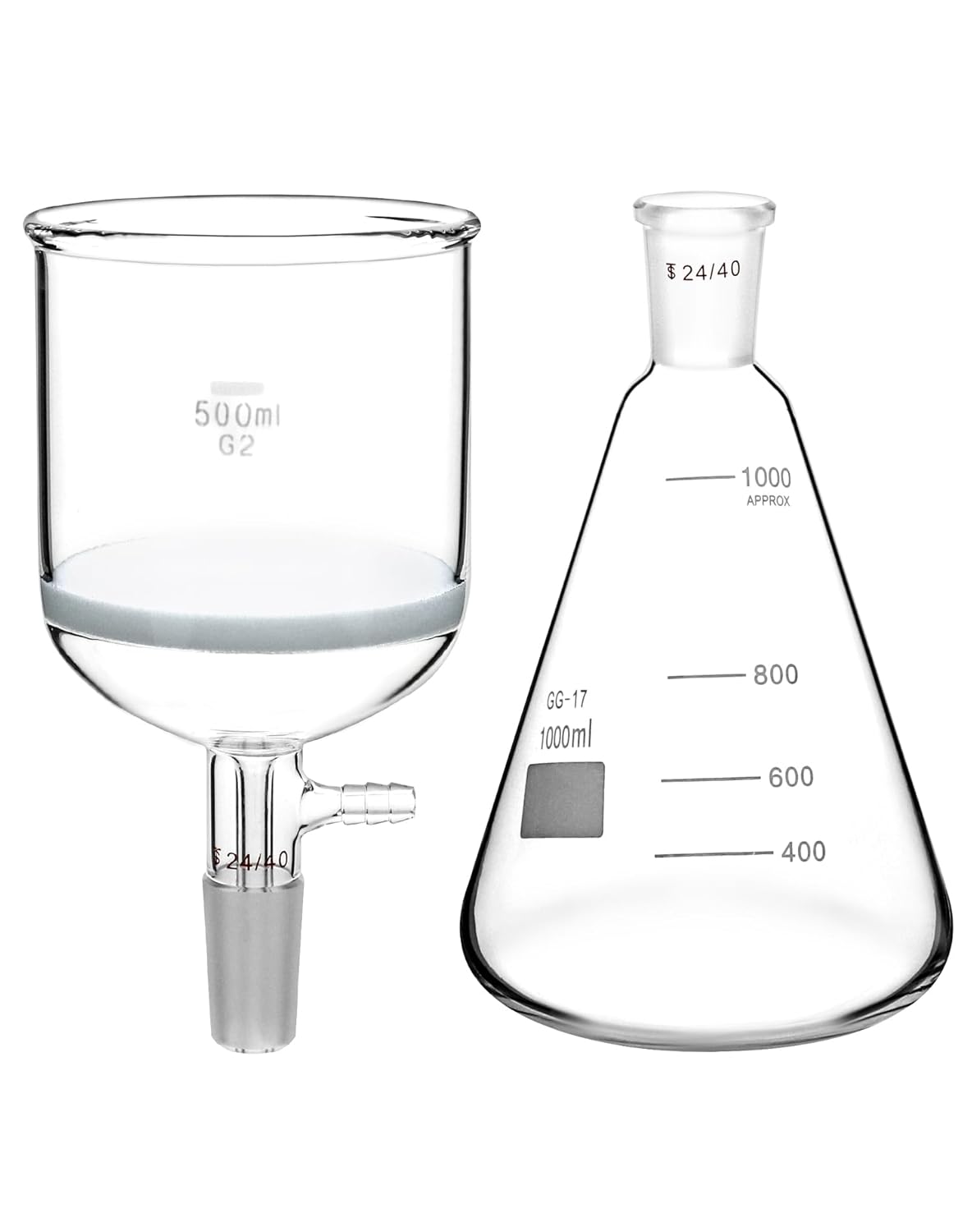 Borosilicate Glass 500ml Buchner Filtering Funnel and 1000 mL Erlenmeyer Flask, with Standard 24/40 Joint V1258-DP02-C-2143