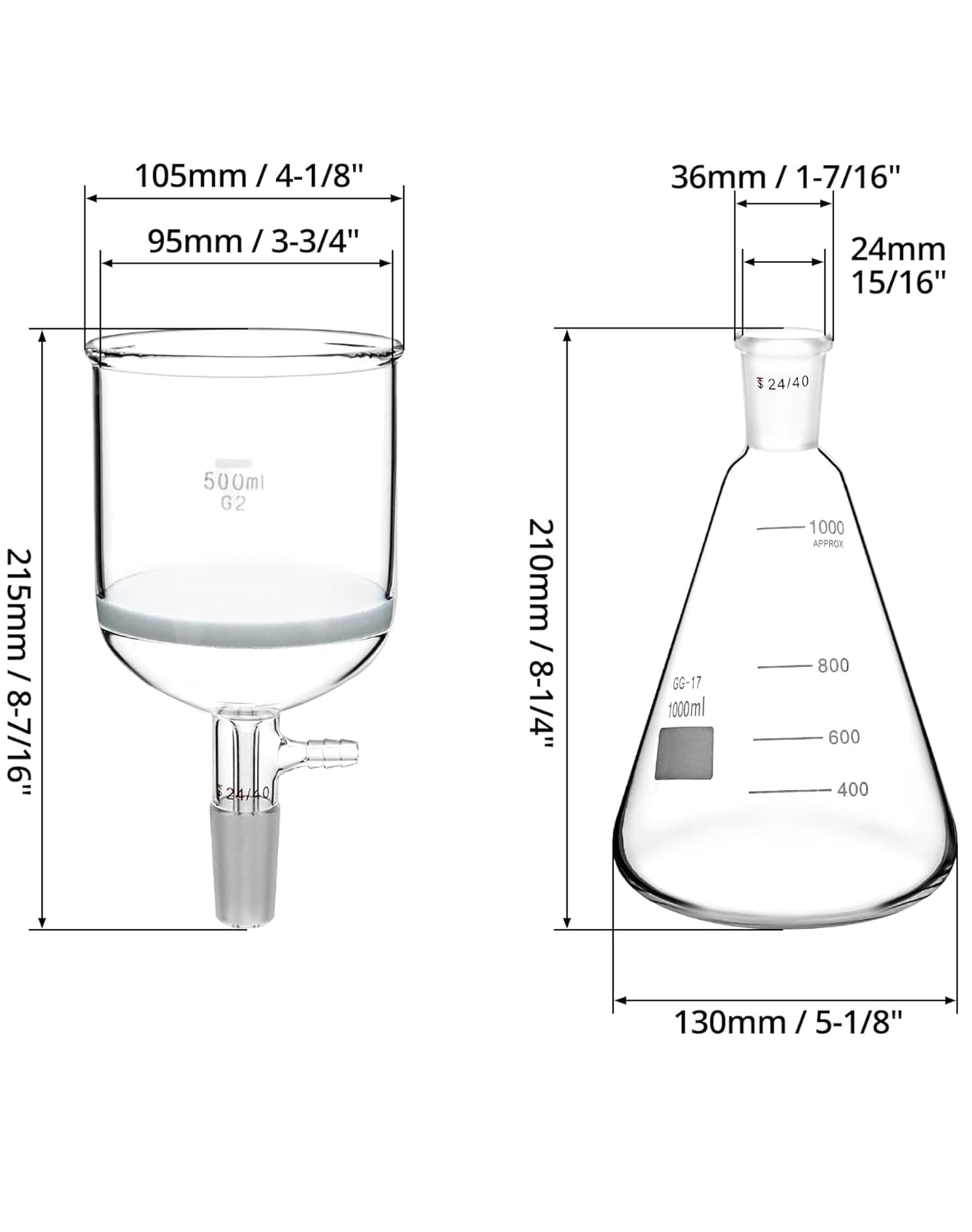 Borosilicate Glass 500ml Buchner Filtering Funnel and 1000 mL Erlenmeyer Flask, with Standard 24/40 Joint V1258-DP02-C-2143