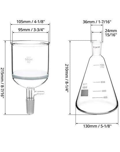 Borosilicate Glass 500ml Buchner Filtering Funnel and 1000 mL Erlenmeyer Flask, with Standard 24/40 Joint V1258-DP02-C-2143