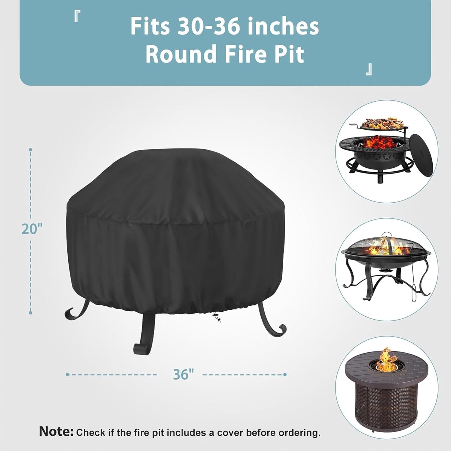 Fire Pit Cover Round 36 In, Outdoor Fire Pit Cover for 30-36 Inches Fire Pits, Windproof Drawstring & V1258-DP02-C-215
