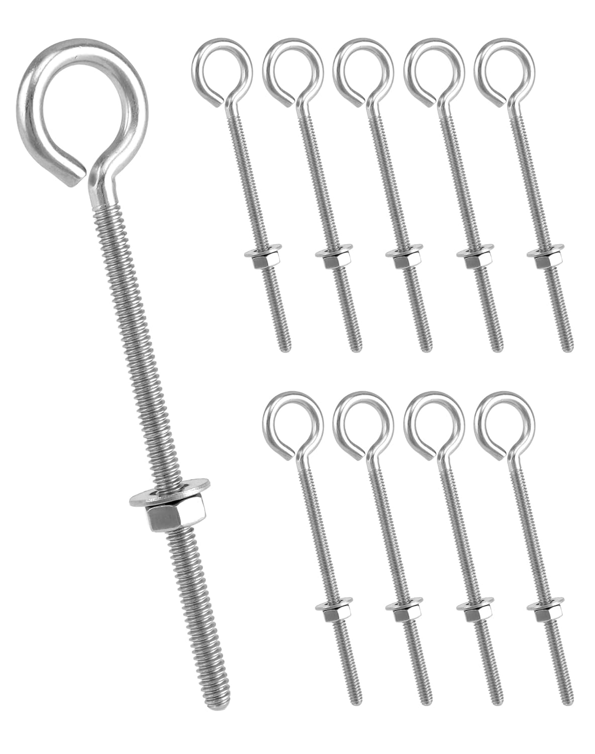 Eye Bolts, 10 Pack 1/4" x 4" Stainless Steel Long Threaded Eyebolts with Nuts, for Hanging or Securing Cables V1258-DP02-C-2171