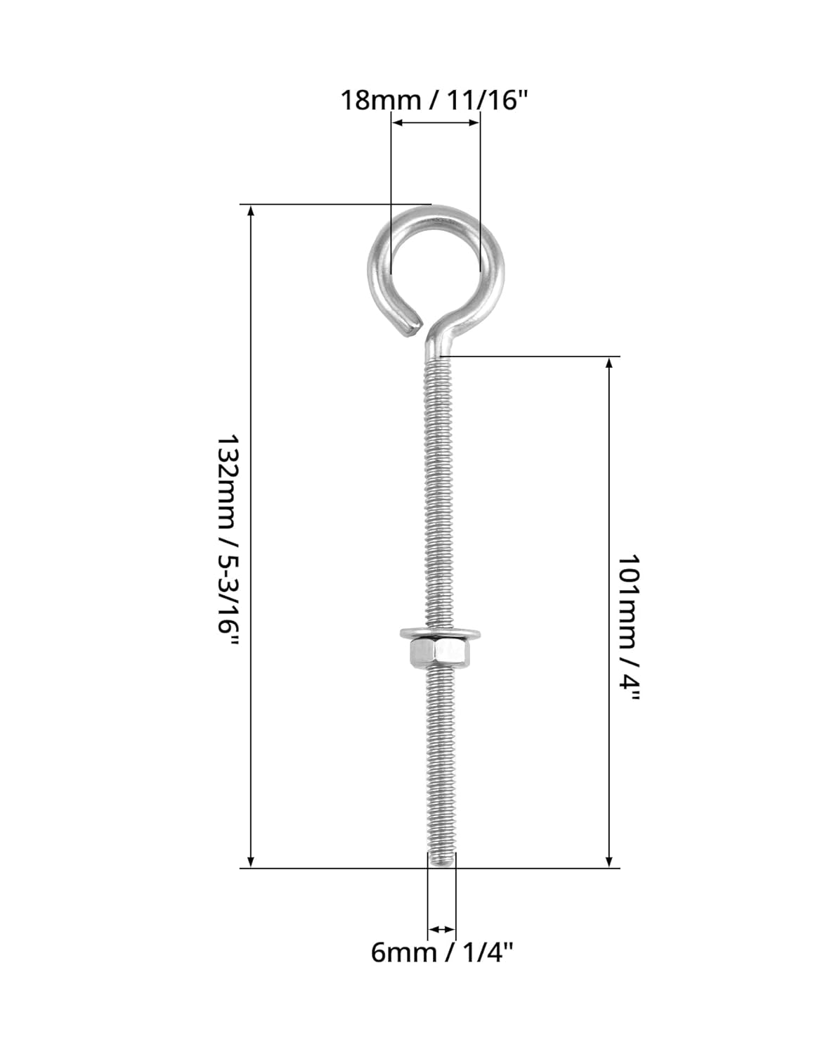Eye Bolts, 10 Pack 1/4" x 4" Stainless Steel Long Threaded Eyebolts with Nuts, for Hanging or Securing Cables V1258-DP02-C-2171