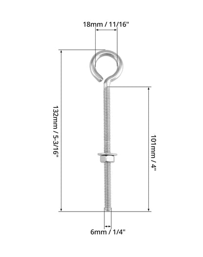 Eye Bolts, 10 Pack 1/4" x 4" Stainless Steel Long Threaded Eyebolts with Nuts, for Hanging or Securing Cables V1258-DP02-C-2171