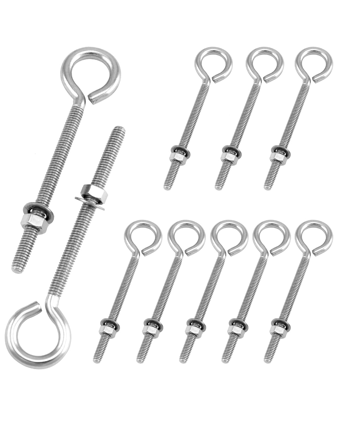 Eye Bolts, 10 Pack 1/4" x 4" Stainless Steel Long Threaded Eyebolts with Nuts, for Hanging or Securing Cables V1258-DP02-C-2171
