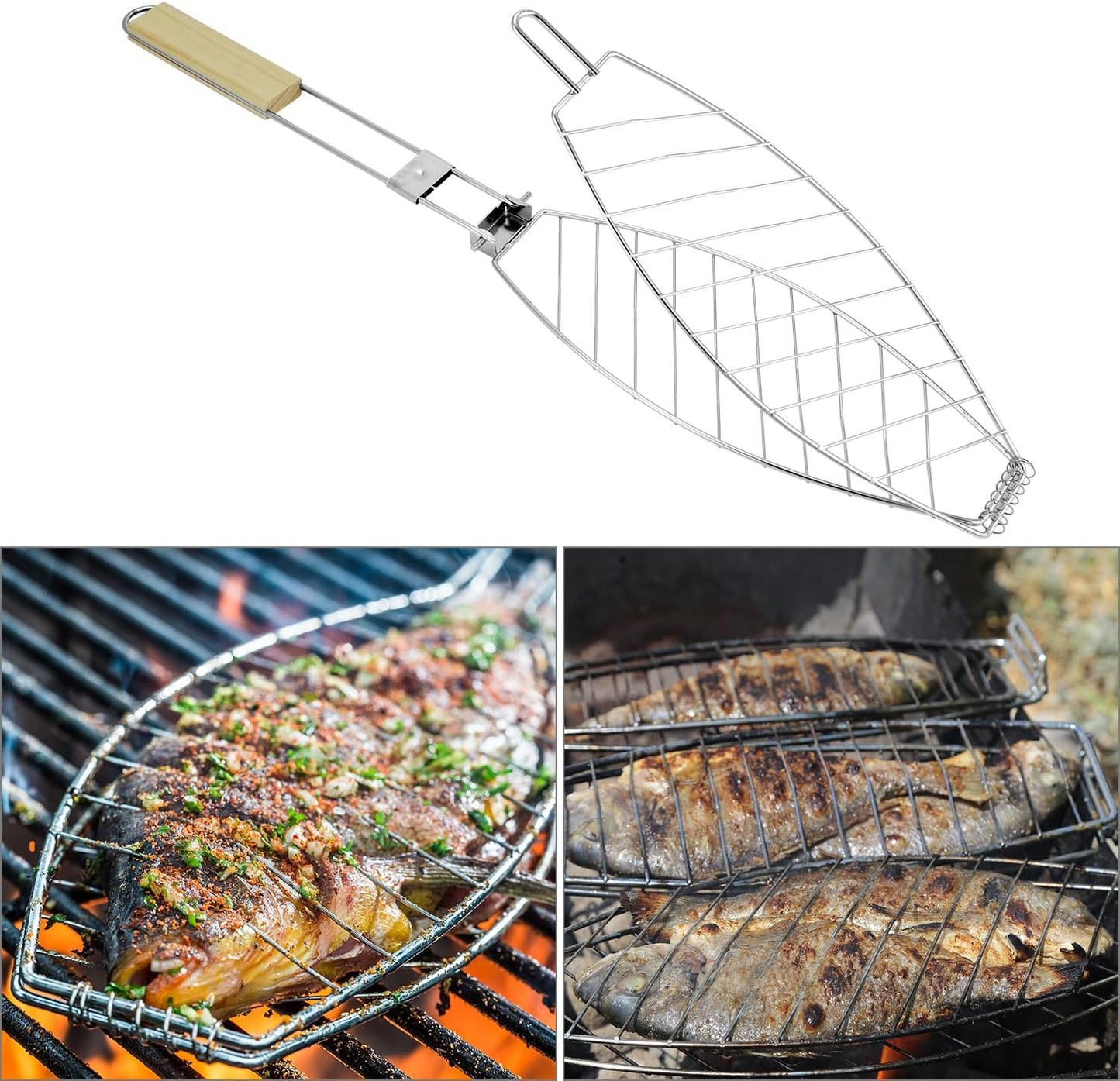 2-Pack Stainless Steel Fish Grill Basket - Portable Locking Grill Rack for Small-Medium Fish, Camping & Home V1258-DP02-C-2172