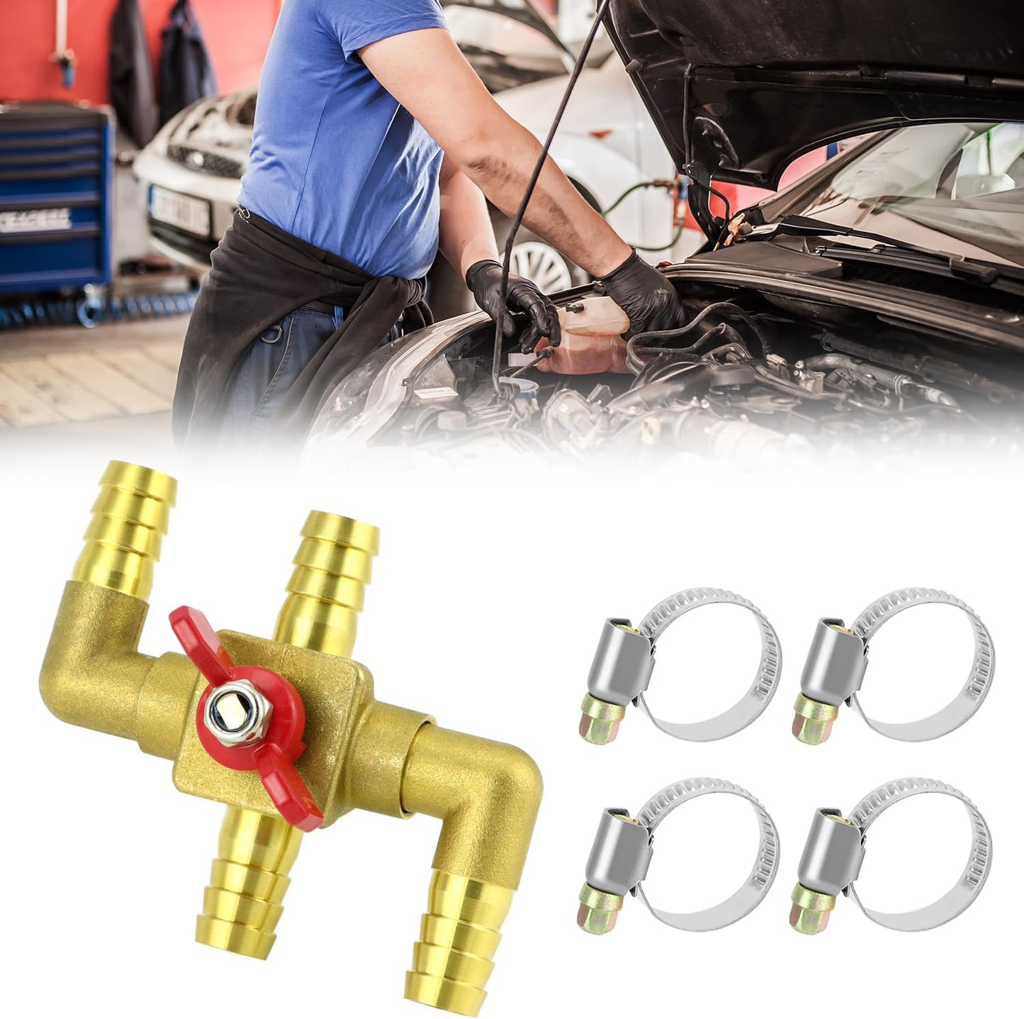 Solid Brass 5/8" 4-Way Heater Control Valve with Switch, 16mm Hose Barb Automotive Bypass V1258-DP02-C-2178