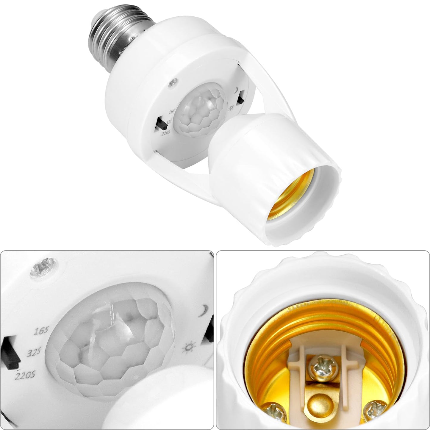 Motion Sensor Light Socket Adapter - 4 Pack E26/E27 Compatible, Adjustable Timing & Lux, Auto Motion Sensor V1258-DP02-C-2181
