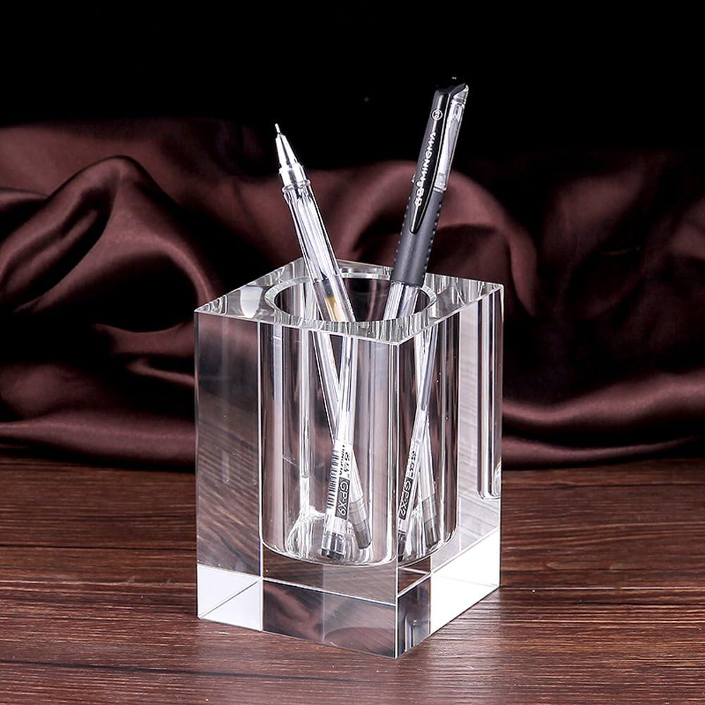 Glass Crystal Pen Pencil Cup Holder Square Clear Small Desk Table Organizer for Office School, Teacher and V1258-DP02-C-2187
