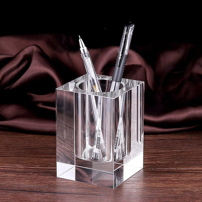 Glass Crystal Pen Pencil Cup Holder Square Clear Small Desk Table Organizer for Office School, Teacher and V1258-DP02-C-2187