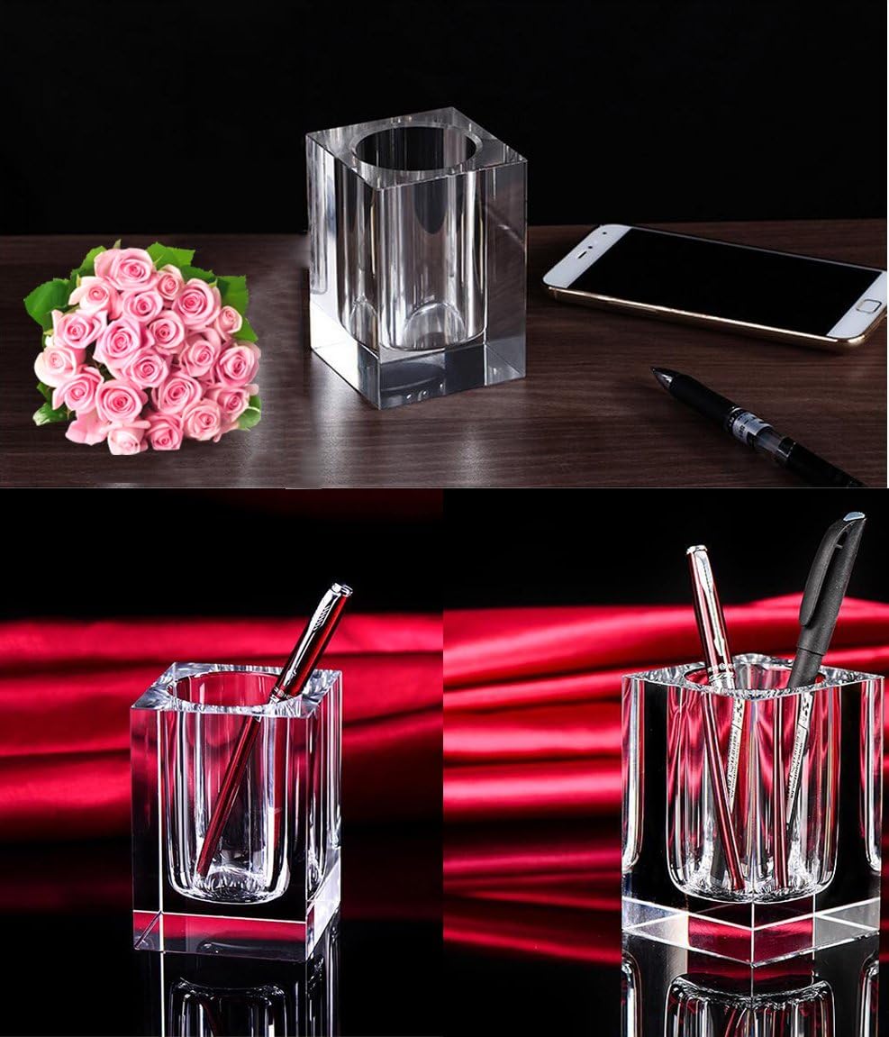 Glass Crystal Pen Pencil Cup Holder Square Clear Small Desk Table Organizer for Office School, Teacher and V1258-DP02-C-2187