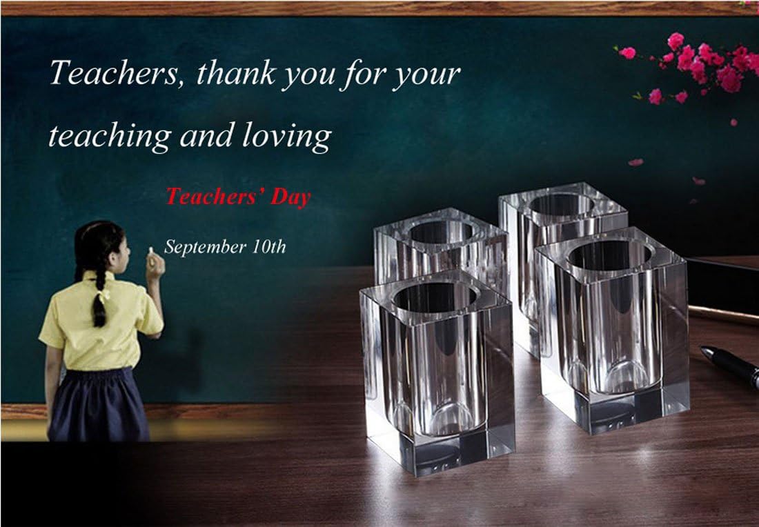 Glass Crystal Pen Pencil Cup Holder Square Clear Small Desk Table Organizer for Office School, Teacher and V1258-DP02-C-2187