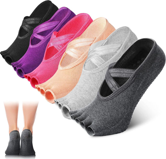 6 Pairs Pilates Socks with Grip for Women Non Slip Yoga Socks Toeless Barre Sticky with Straps Multicolor for V1258-DP02-C-2193