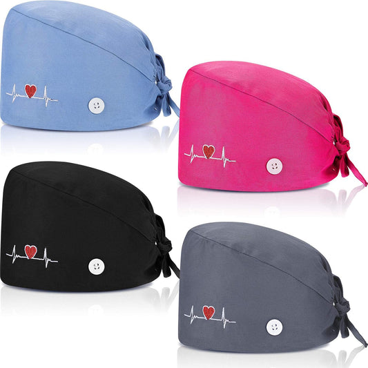 4 Pieces Working Cap with Buttons, Unisex Bouffant Working Hat with Adjustable Sweatband V1258-DP02-C-2196