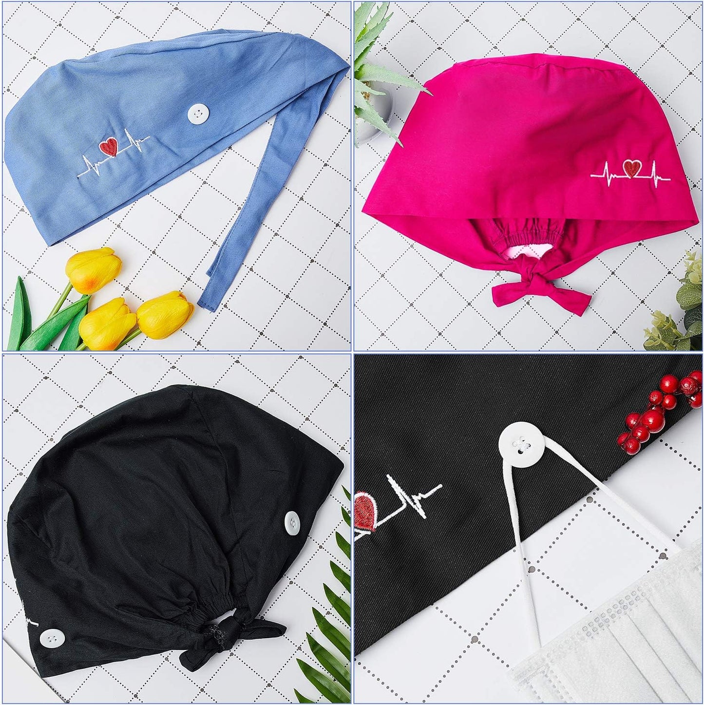 4 Pieces Working Cap with Buttons, Unisex Bouffant Working Hat with Adjustable Sweatband V1258-DP02-C-2196