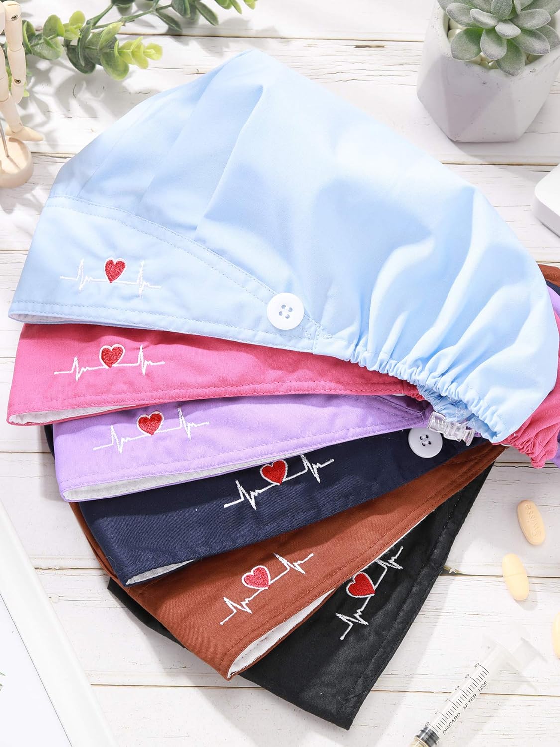 6 Pieces Bouffant Cap with Buttons Adjustable Elastic Head Wrap Covers with Sweatband for Women Men, One Size V1258-DP02-C-2202
