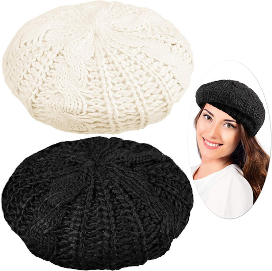 2 Pcs Women Crochet Beret Solid Color Knit Beanie Hats Lightweight Ladies Slouchy French Beret Hats (Black, V1258-DP02-C-2207