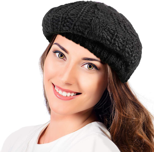 2 Pcs Women Crochet Beret Solid Color Knit Beanie Hats Lightweight Ladies Slouchy French Beret Hats (Black, V1258-DP02-C-2207