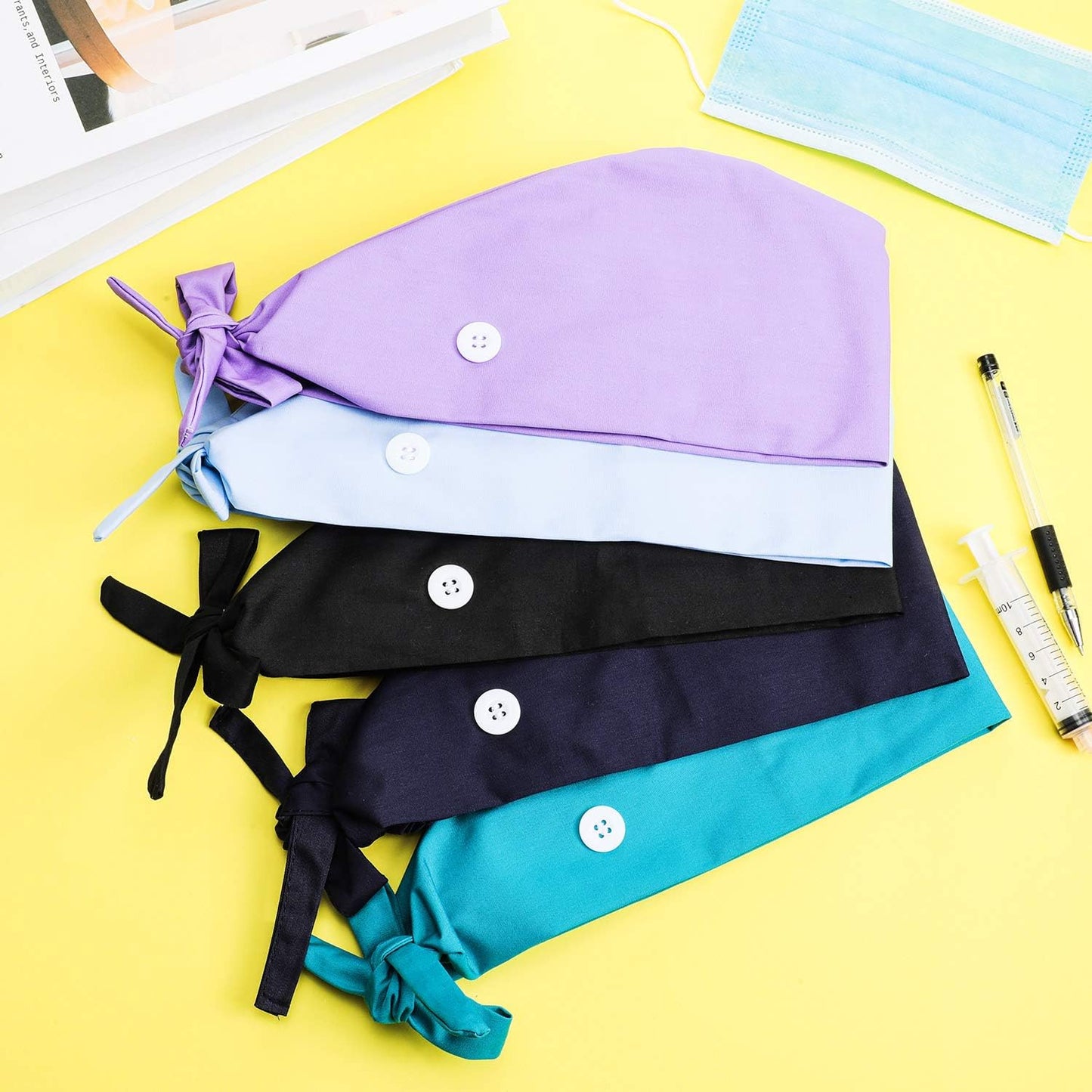 5 Pcs Surgical Working Caps with Button Adjustable Gourd Shaped Bouffant Working Hats with Sweatband Tie Back V1258-DP02-C-2211