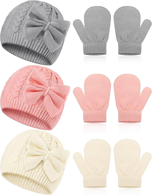 3 Set Toddler Hat Glove Set, Kids Winter Hats Warm Knitted Beanie Mittens Gloves with Bow for Baby Girls Boys V1258-DP02-C-2214