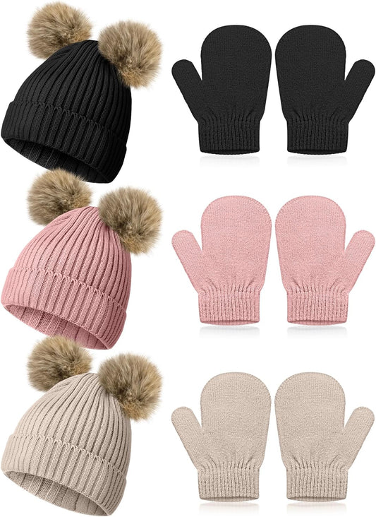 3 Set Toddler Hat Glove Set, Kids Winter Hats Warm Knitted Beanie Mittens Gloves with Bow for Baby Girls Boys V1258-DP02-C-2217