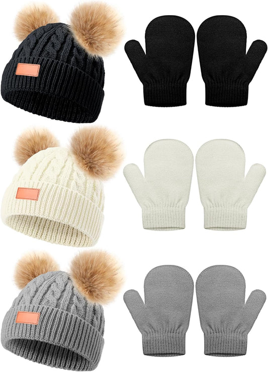 3 Set Toddler Hat Glove Set, Kids Winter Hats Warm Knitted Beanie Mittens Gloves with Bow for Baby Girls Boys V1258-DP02-C-2223