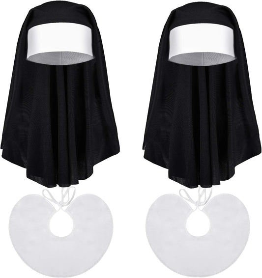 2 Sets Halloween Nun Costume Set Plastic Gold Cross Nun Habit Costume Set Hat White Collar Gold Cross Pendant V1258-DP02-C-2224