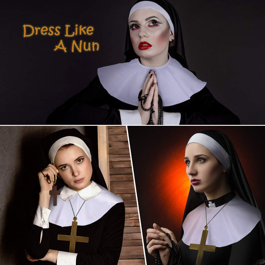 2 Sets Halloween Nun Costume Set Plastic Gold Cross Nun Habit Costume Set Hat White Collar Gold Cross Pendant V1258-DP02-C-2224