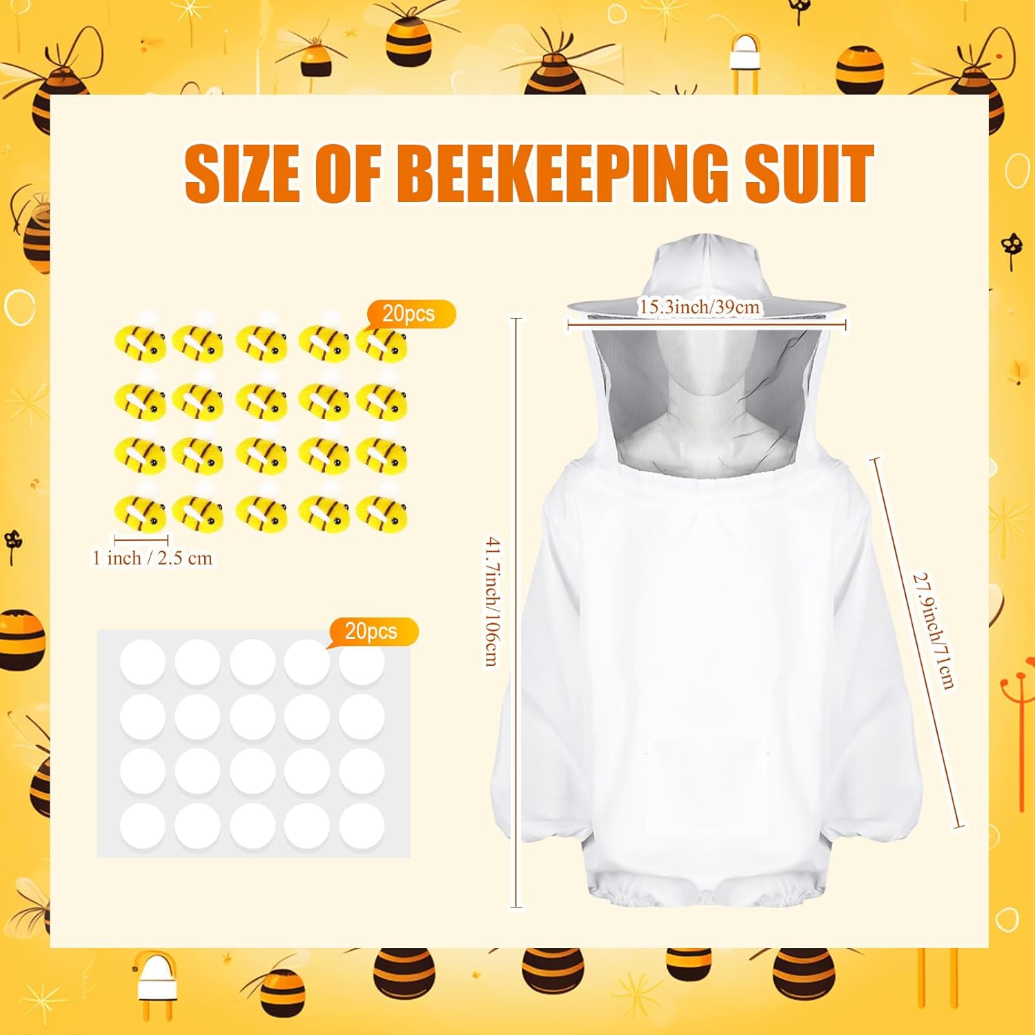 41 Pcs Halloween Beekeeper Costume Set Include 1 Beekeeper Set 20 Felt Bee 20 Round Tape for Cosplay(Large) V1258-DP02-C-2225
