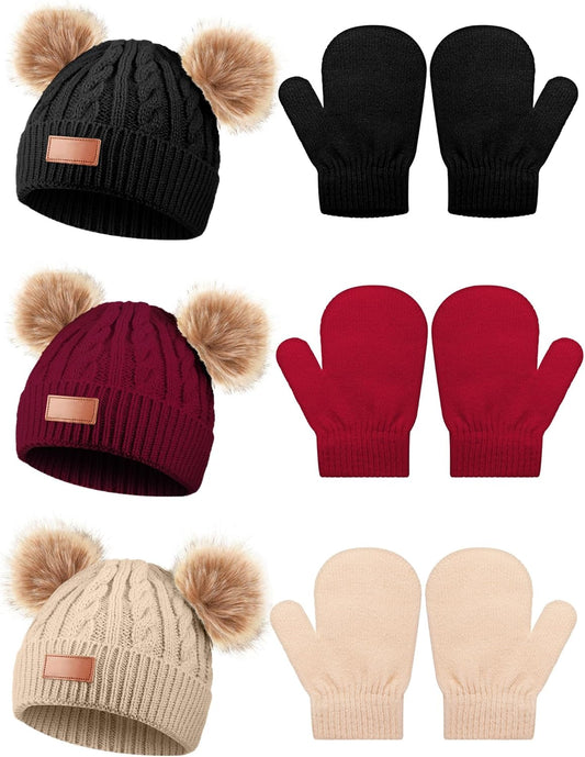 3 Set Toddler Hat Glove Set, Kids Hats Winter Warm Knitted Beanie Mittens Gloves for Baby Girls Boys V1258-DP02-C-2227