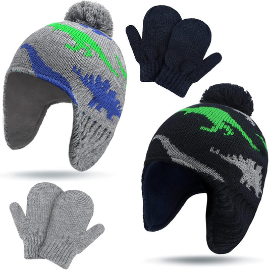 4 PCS Baby Boy Toddler Dinosaur Hat and Glove Set Boys Winter Hat Beanie Kids Gloves Winter Earflap Beanie V1258-DP02-C-2228