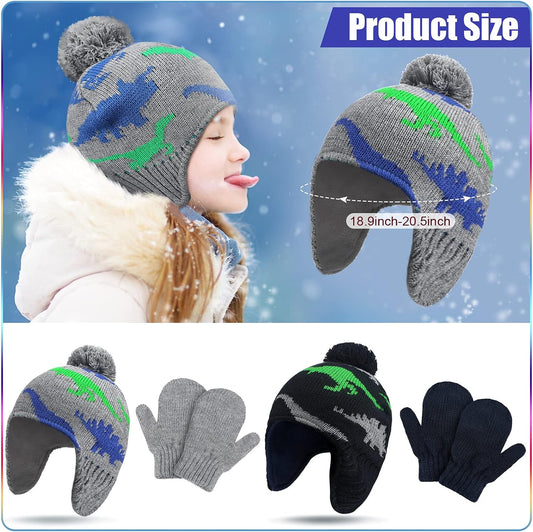 4 PCS Baby Boy Toddler Dinosaur Hat and Glove Set Boys Winter Hat Beanie Kids Gloves Winter Earflap Beanie V1258-DP02-C-2228