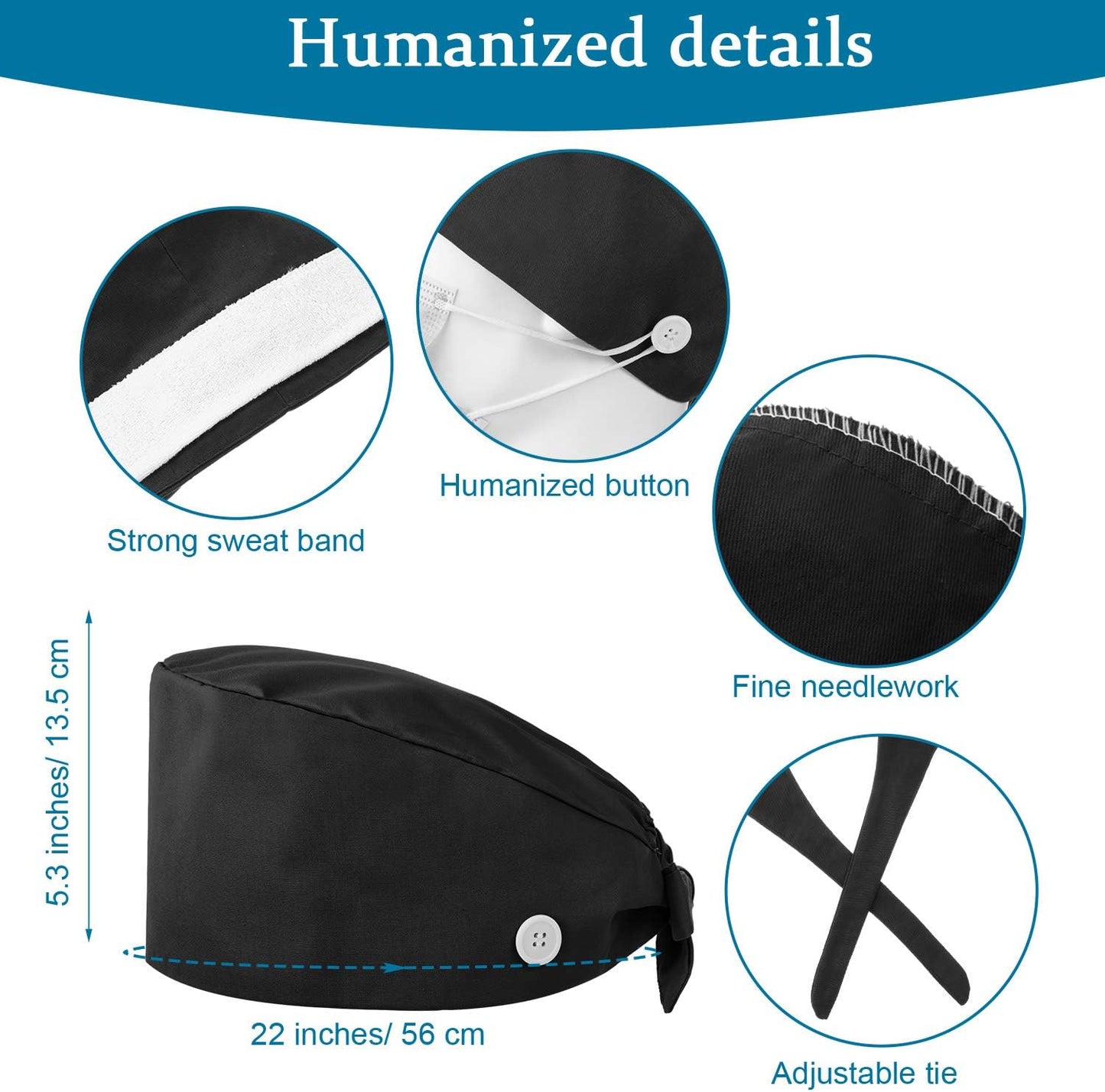 4 Pieces Bouffant Scrub Caps Adjustable Button Sweatband Hats Tie Back Hats for Women Men V1258-DP02-C-2234
