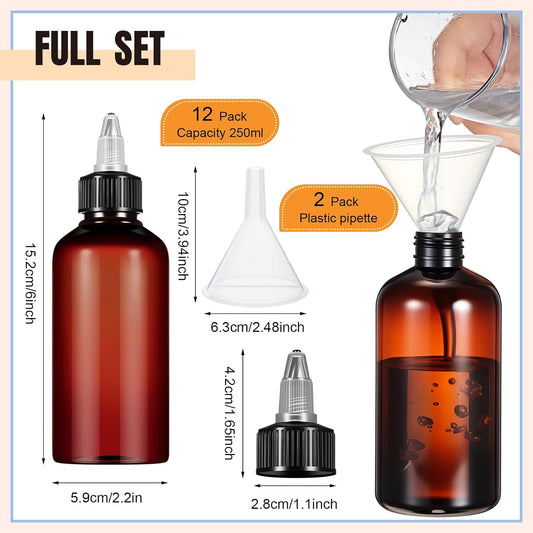 12 Pcs 8 oz Brown Squeeze Bottle Twist Top Applicator Empty Hair Oiling Bottle with Funnels Refillable V1258-DP02-C-2248