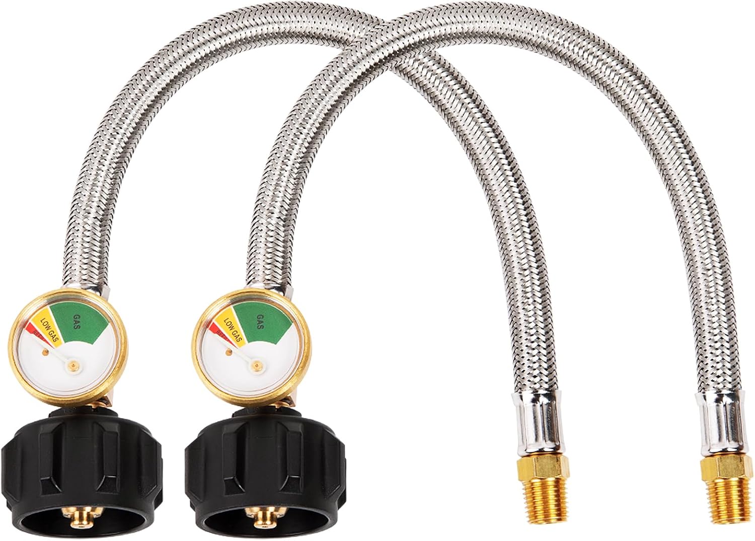 15 Inch RV Propane Hose with Gauge, Stainless Steel Braided Camper Tank Hose for Dual Stage Regulator, 1/4 V1258-DP02-C-225