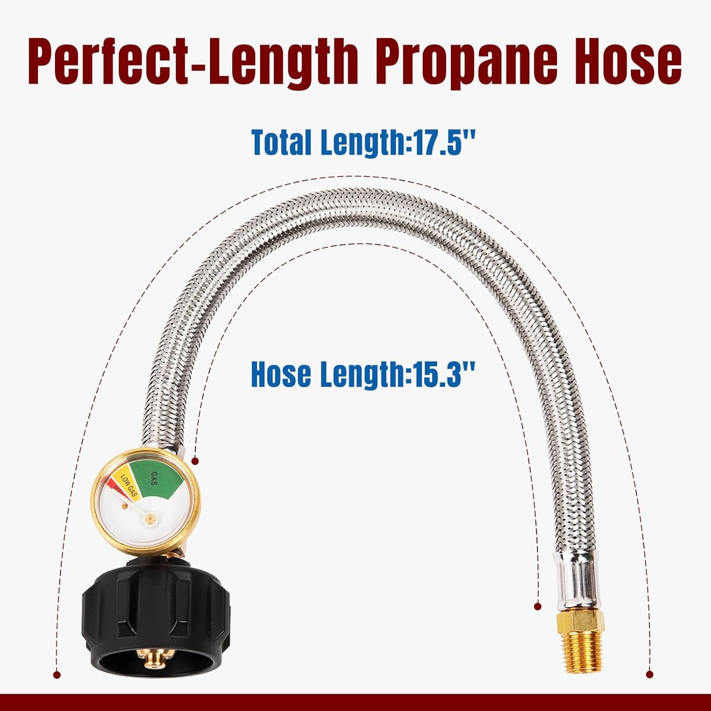 15 Inch RV Propane Hose with Gauge, Stainless Steel Braided Camper Tank Hose for Dual Stage Regulator, 1/4 V1258-DP02-C-225