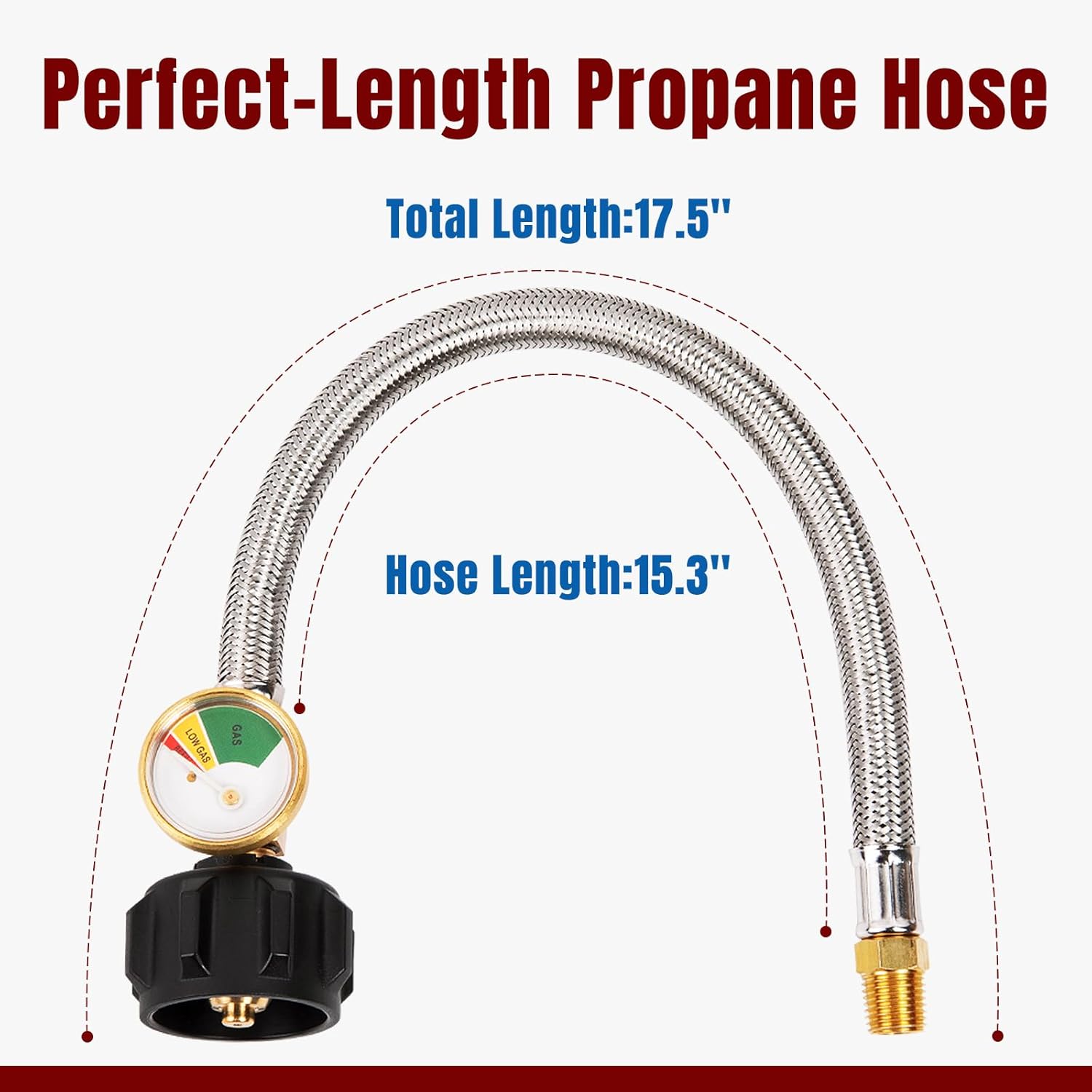 15 Inch RV Propane Hose with Gauge, Stainless Steel Braided Camper Tank Hose for Dual Stage Regulator, 1/4 V1258-DP02-C-225