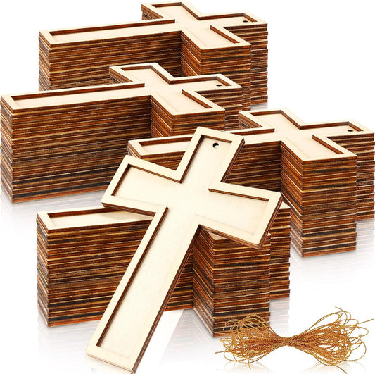 48 Pack Cross Wooden Hanging Ornaments Unfinished Wood Blank Cross Craft with Gold String for Easter Tree V1258-DP02-C-2275