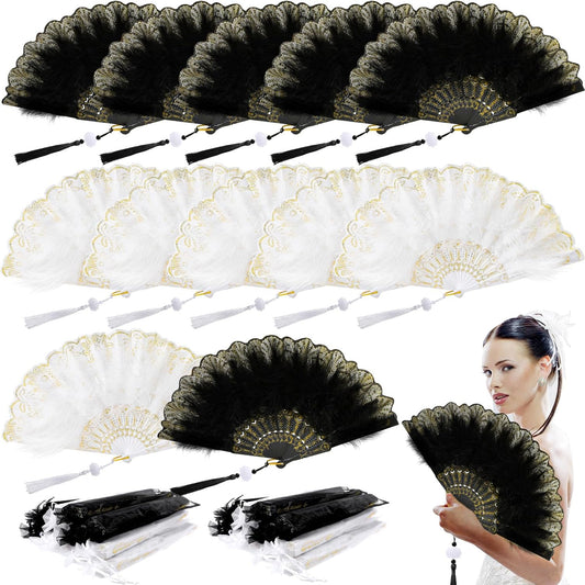 12 Sets Marabou Feather Fan Bulk 20s Folding Fan Wedding Party Favor Lace Vintage Embroidered Flapper Costume V1258-DP02-C-2277