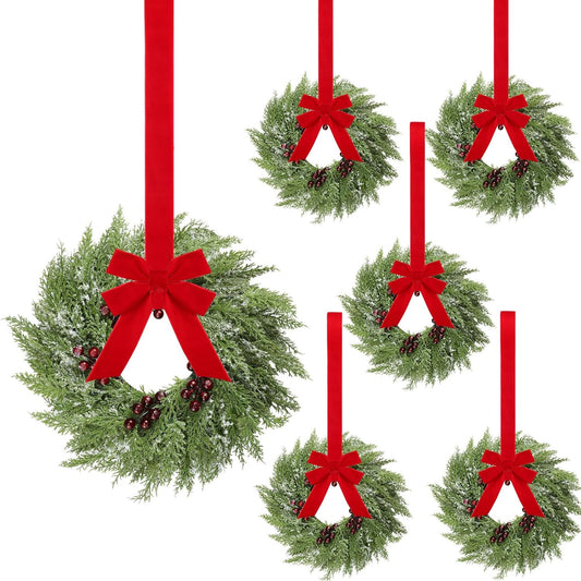6 Pcs Small Christmas Norfolk Wreaths 15 Inch Christmas Kitchen Cabinet Mini Wreath with Bow Ribbon Cedar V1258-DP02-C-2283