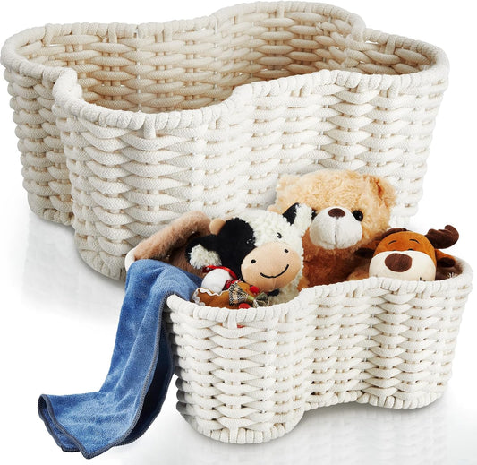 2 Pcs Dog Toy Basket Dog Toy Bin Bone Shaped Handmade Pet Organizer for Pet White Cotton Rope Basket (16.5 x V1258-DP02-C-2285