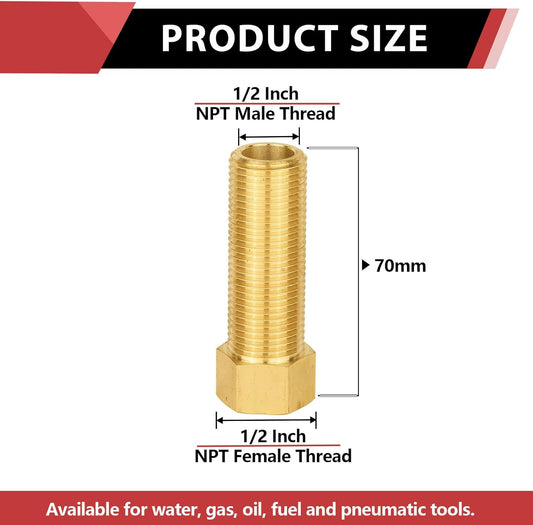 (Pack of 2) 1/2" Male Pipe(NPSM) x 1/2" Female Pipe(NPSF) Extension Brass Fitting Adapter, 70MM Length, Hex V1258-DP02-C-2462