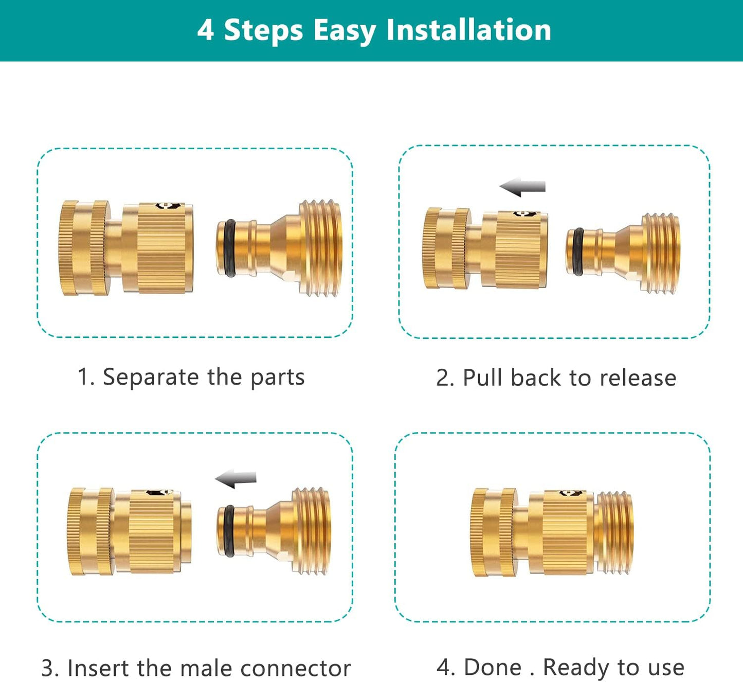 Garden Hose Quick Connector, Solid Brass 3/4 Inch Thread Fitting No-Leak Water Hose Female and Male Easy V1258-DP02-C-252