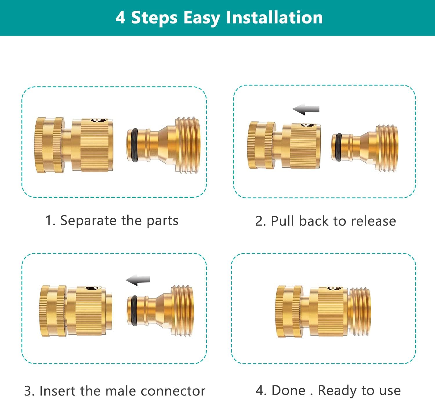 Garden Hose Quick Connector, Solid Brass 3/4 Inch Thread Fitting No-Leak Water Hose Female and Male Easy V1258-DP02-C-252