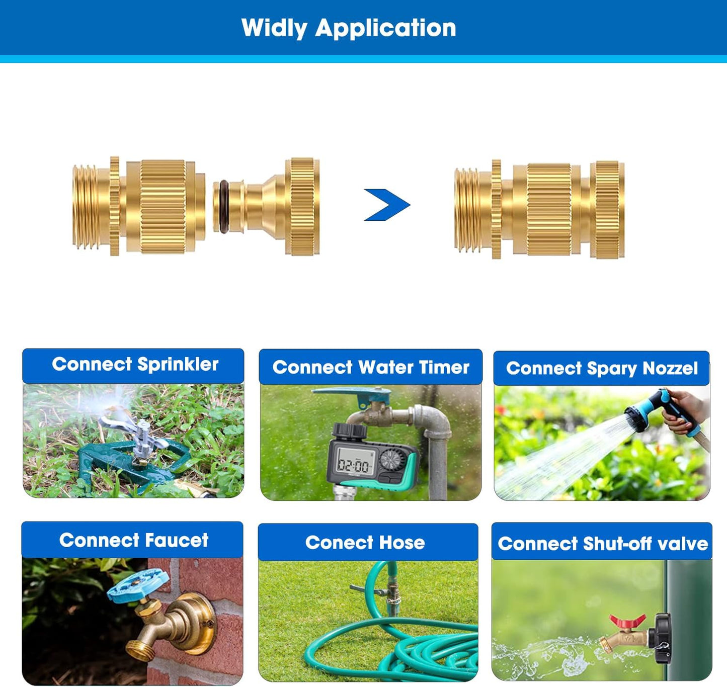 Garden Hose Quick Connector, Solid Brass 3/4 Inch Thread Fitting No-Leak Water Hose Female and Male Easy V1258-DP02-C-254