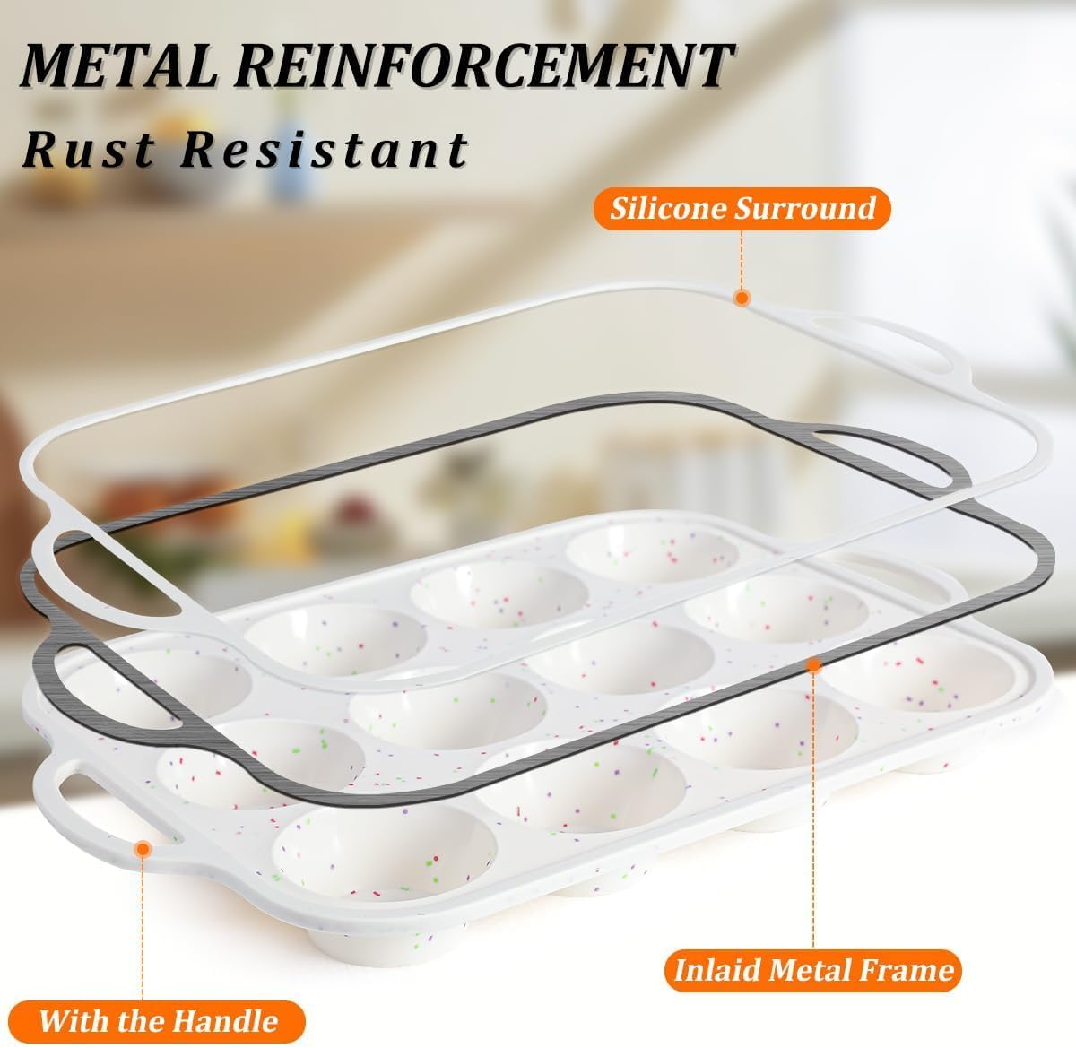 Silicone Regular Size Muffin Pan 12 Cups & Jumbo Muffin Pan with Metal Reinforced Frame V1258-DP02-C-26