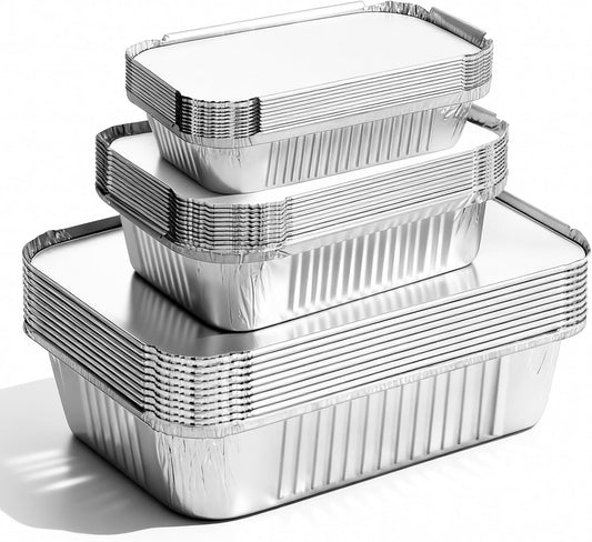 30 Pack Disposable Aluminum Foil Pans with Lids, 10x7.5 And 7.3x5.3 Square 6.9x4.3 Square Combo Set, V1258-DP02-C-2622
