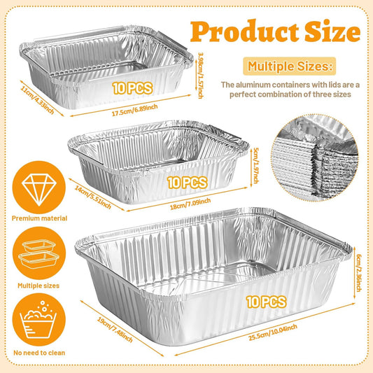 30 Pack Disposable Aluminum Foil Pans with Lids, 10x7.5 And 7.3x5.3 Square 6.9x4.3 Square Combo Set, V1258-DP02-C-2622