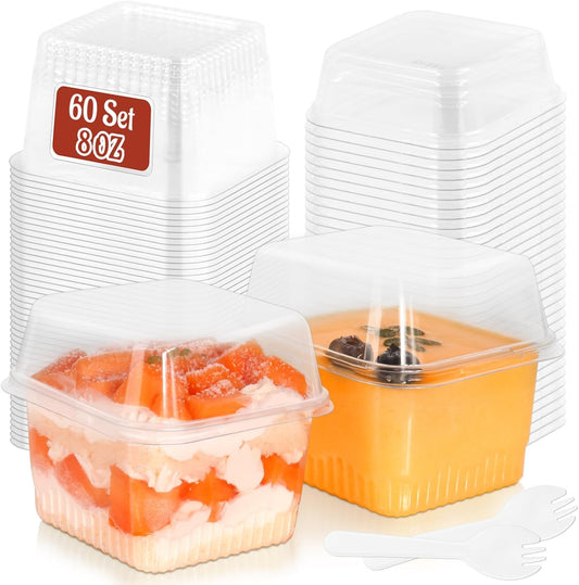 60 Pack 8 oz Plastic Dessert Cups with Lids and Sporks, Square Clear Cups Cake Containers with Lid for V1258-DP02-C-2626