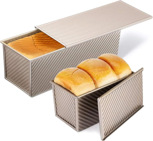 2 Pack Pullman Loaf Pan with Lid, 13x4 & 9x4 inch (2.2 lb & 1 lb Dough Capacity), Non-Stick Sandwich Bread V1258-DP02-C-2632