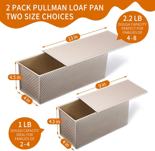 2 Pack Pullman Loaf Pan with Lid, 13x4 & 9x4 inch (2.2 lb & 1 lb Dough Capacity), Non-Stick Sandwich Bread V1258-DP02-C-2632